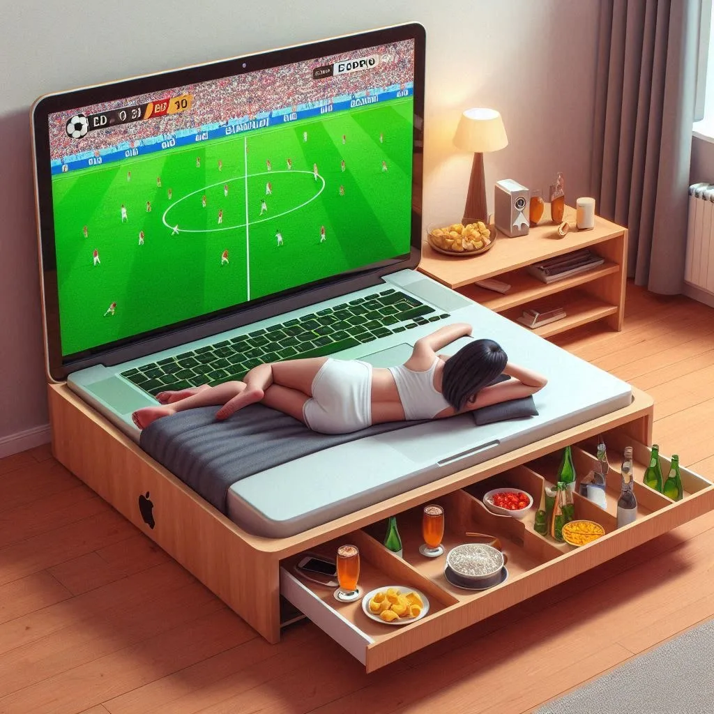 Bed with Refrigerator, Laptop, and Euro 2024 Viewing Experience